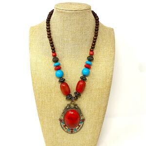 MOROCCAN CORRIDOR ZAHRA Beaded Large Pendant Necklace Boho Wood Metal Statement